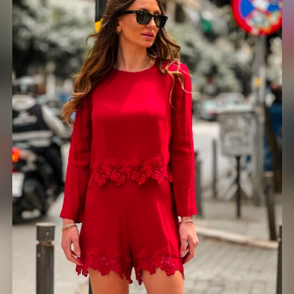 Zara Pants - Zara Woman Red Lace Long Sleeve Romper Women's XS Romantic Holiday
